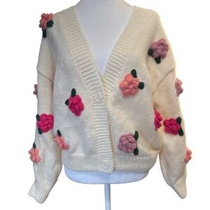 Luna Ivy Oversized Knit Cardigan Sweater with Knit Roses XS NWOT
